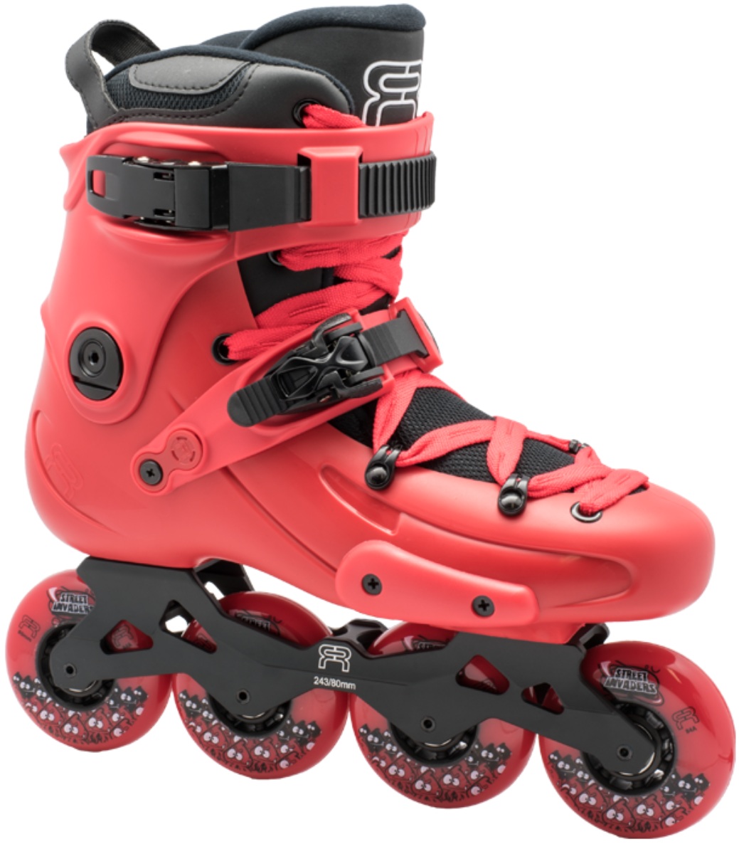 A red inline skate, named FR 1 80, with 4 wheels of 80 mm